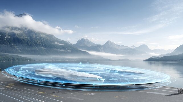 Futuristic craft on a circular platform over a serene lake, mountains in the background