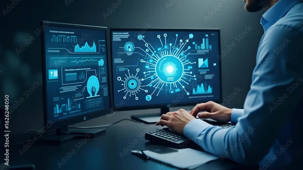Poster flat businessman using computer: edge computing & modern it technology in a virtual screen - cute ve