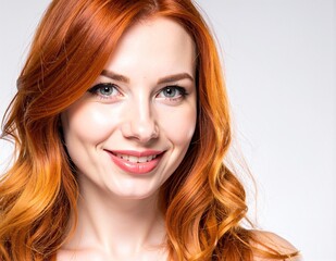Fototapeta premium A woman with vibrant red hair cascading down her shoulders, striking green eyes that sparkle with curiosity, and a warm smile that radiates confidence.