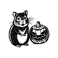 Black and white illustration of a hamster standing next to a carved Halloween pumpkin with a spooky face.
