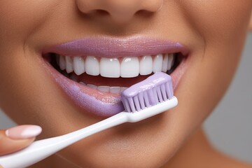 Fototapeta premium Close-up of a model brushing teeth with vibrant purple toothpaste and creamy foam for freshening up