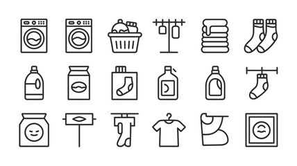 Collection of Laundry Related Line Icons Depicting Washing Machines Laundry Baskets Clothes Hangers Sockets Detergents and Drying Racks in