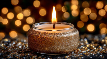 Gold candles radiant flame in festive setting