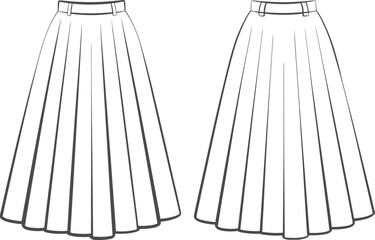 Full pleated long skirt front and back technical sketch, cad fashion illustration, vector design template for garment construction layout