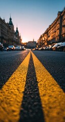 Obraz premium City street at sunset, yellow lines