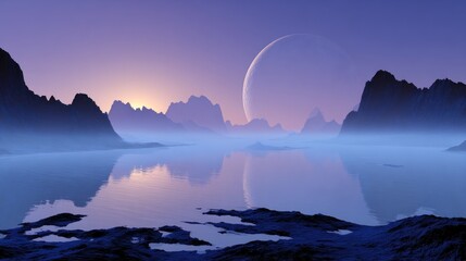 Misty alien landscape, crescent moon, tranquil scene