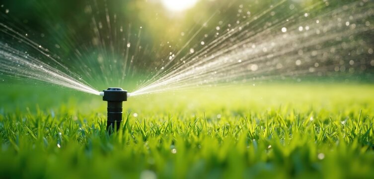 Black garden hose rests on ground surrounded by serene garden scene. Green grass, white flowers in distance. Automatic sprinkler system waters lawn in field. Efficient irrigation technology for