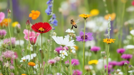 Fototapeta premium Vibrant meadow flowers, buzzing bee