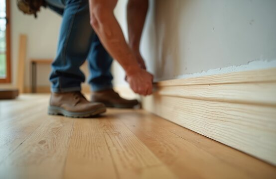 Carpenter installs elegant wood baseboard molding, showcasing skilled craftsmanship in home improvement and renovation. Detailed view of pro woodwork, fitting trim for seamless interior finish.