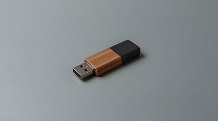 Stylish Wooden USB Flash Drive with Black Highlights on Grey Desk