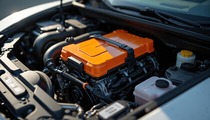 Electric vehicle engine compartment features prominent orange, black battery system components. Complex wiring, pipes, metal frame details visible within dark engine bay, automotive technology, power.