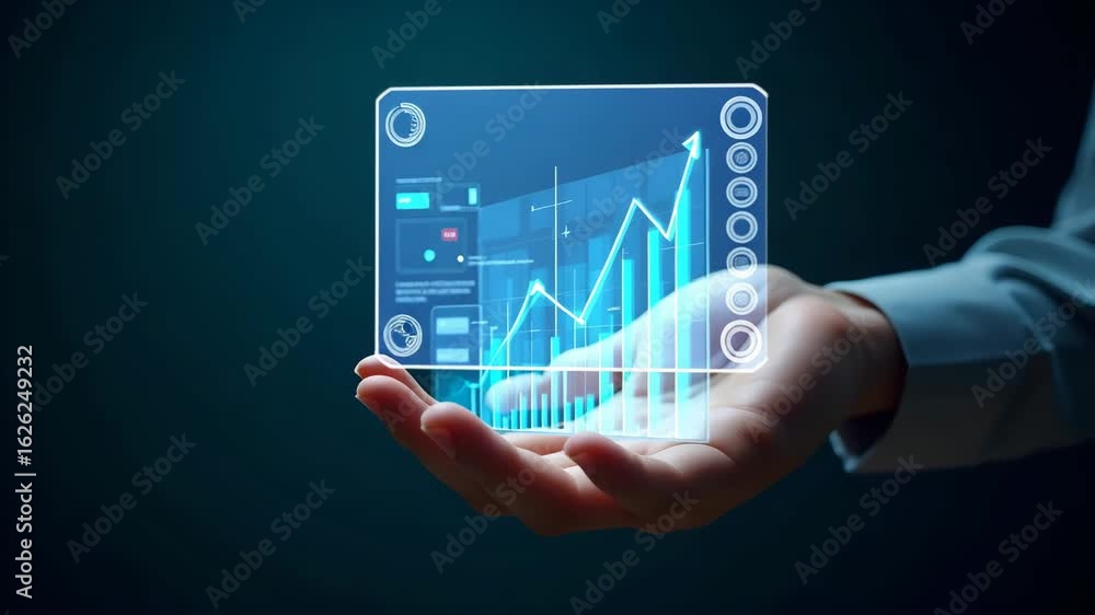 Poster flat hand manipulating holographic financial metrics tools: analyzing profit and loss performance in