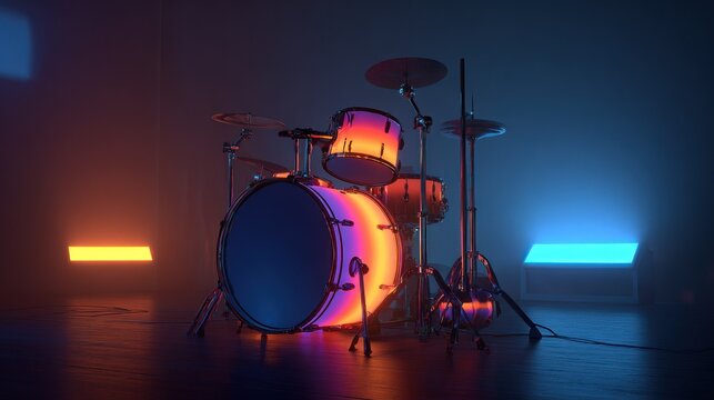 Neon drum set in a dimly lit stage