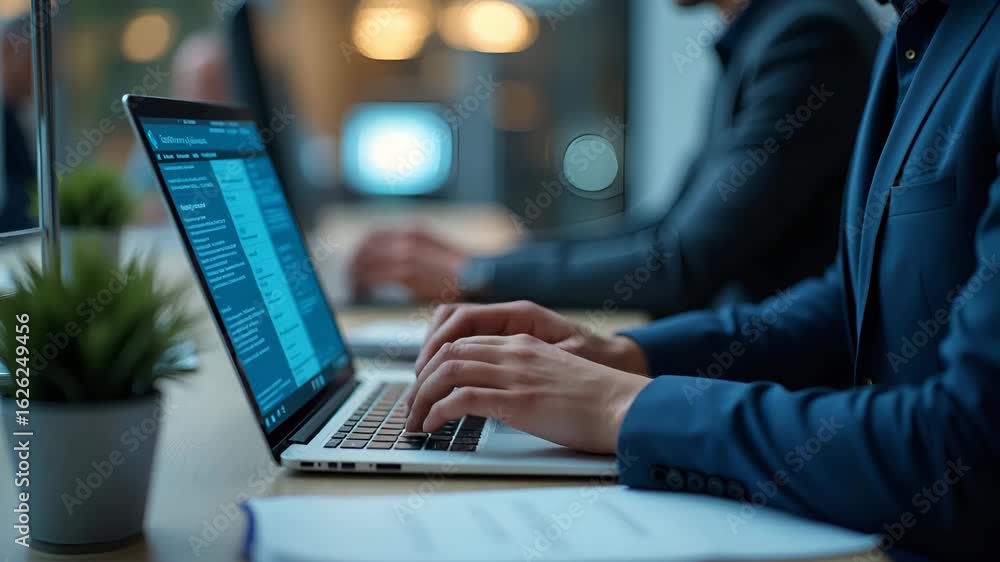 Poster male hands typing on laptop at office desk - business software engineer using ai technology for digi