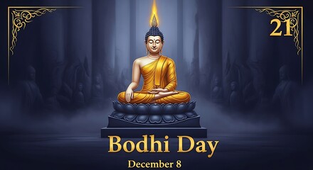 Serene Buddha Illustration for Bodhi Day Commemoration on December 8th with Golden Accents