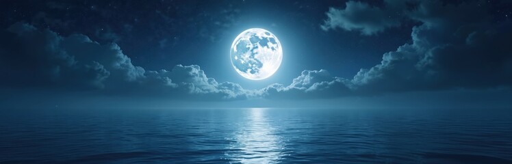 Full moon shines over calm night sea reflecting moonlight. Dark blue sky with scattered stars and soft clouds. Peaceful ocean landscape, serene water surface at midnight. Romantic, dreamy atmosphere.