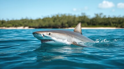 Fototapeta premium Gray shark in turquoise water, near tropical island