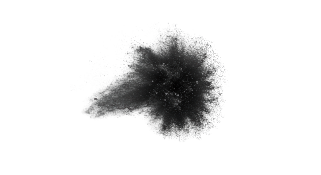 Elegant abstract burst of dynamic dark grey particles expanding vigorously from a central core on a transparent background, high-key studio photo, concept of innovation and breakthrough