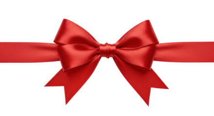 A perfectly formed, classic deep red satin ribbon bow, taut and horizontal with ample copy space on a transparent studio background, bathed in soft light. Concept of gifting and celebration