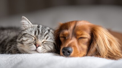 A cat and a dog are sleeping together on a bed. The cat is on the left side of the dog