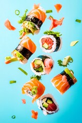 Naklejka premium Assorted sushi rolls with salmon and avocado against blue background