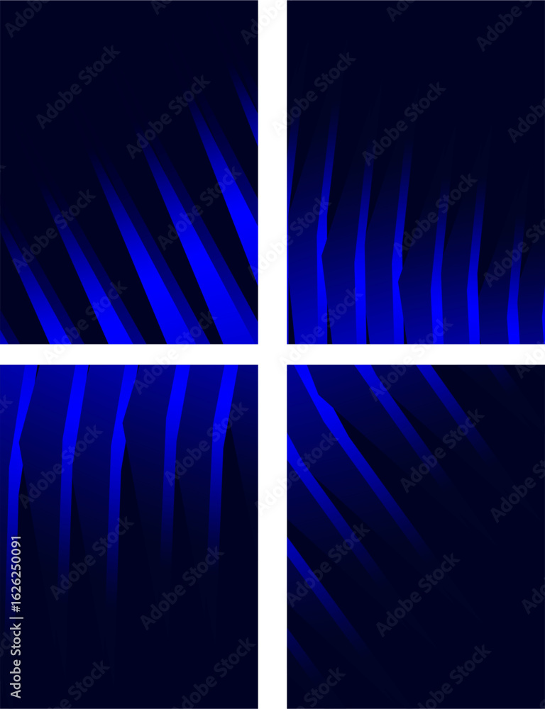 Poster a collection of four vector gradient abstract patterns in dark blue and light blue that form a motif