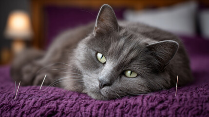 Grey cat receiving acupuncture treatment relaxed