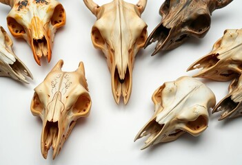 Close-up of various animal skulls on pristine white backdrop,  anatomy,  bone
