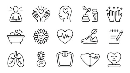 Collection of Wellness Icons Line Art Graphics Black and White Simple Minimalist Style Self Care Health Wellbeing Symbols