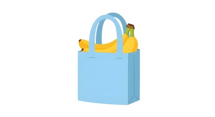 Yellow Bananas in Blue Shopping Bag on White Background