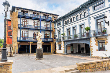 Fototapeta premium Plaza de Elcano in the historic city of Getaria, with old colonial buildings, Basque Country.