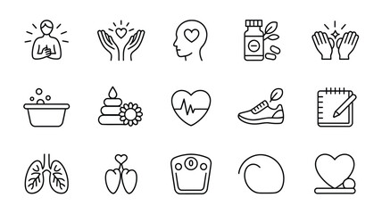 Collection of Wellness Icons Line Art Graphics Black and White Symbols for Healthy Lifestyle Wellbeing Self Care Mental and Physical Health