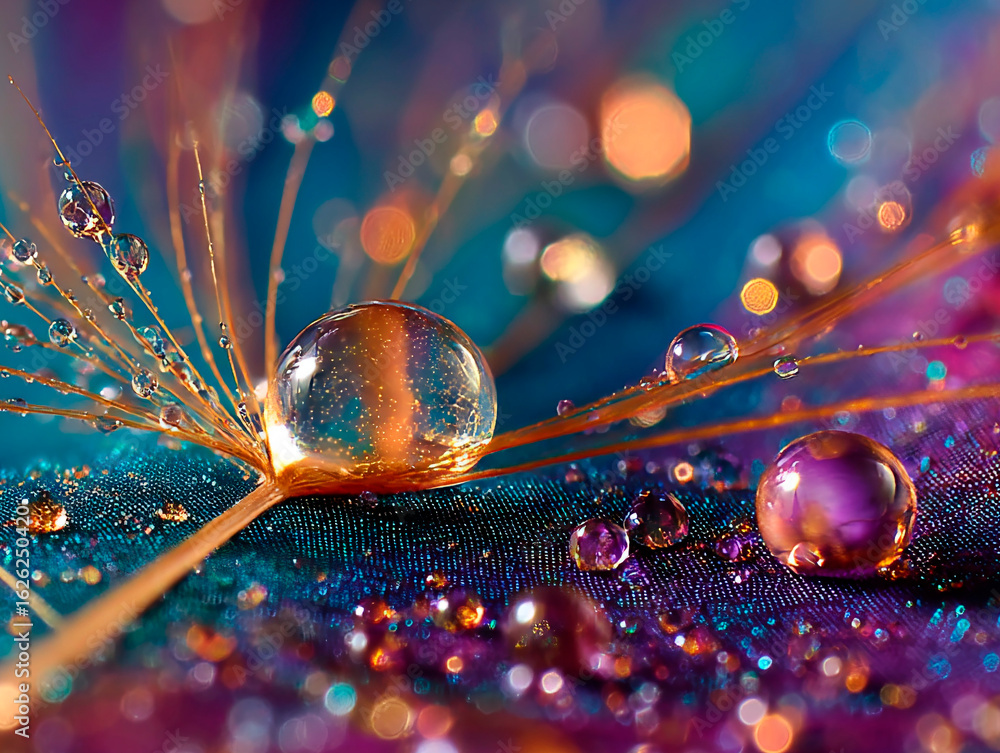 Poster chatgpt сказал: macro photograph of delicate dandelion seed with colorful water droplets creating vi