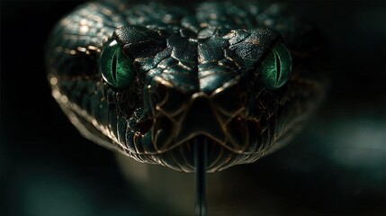 Closeup Of Dark Snake Head With Green Eyes