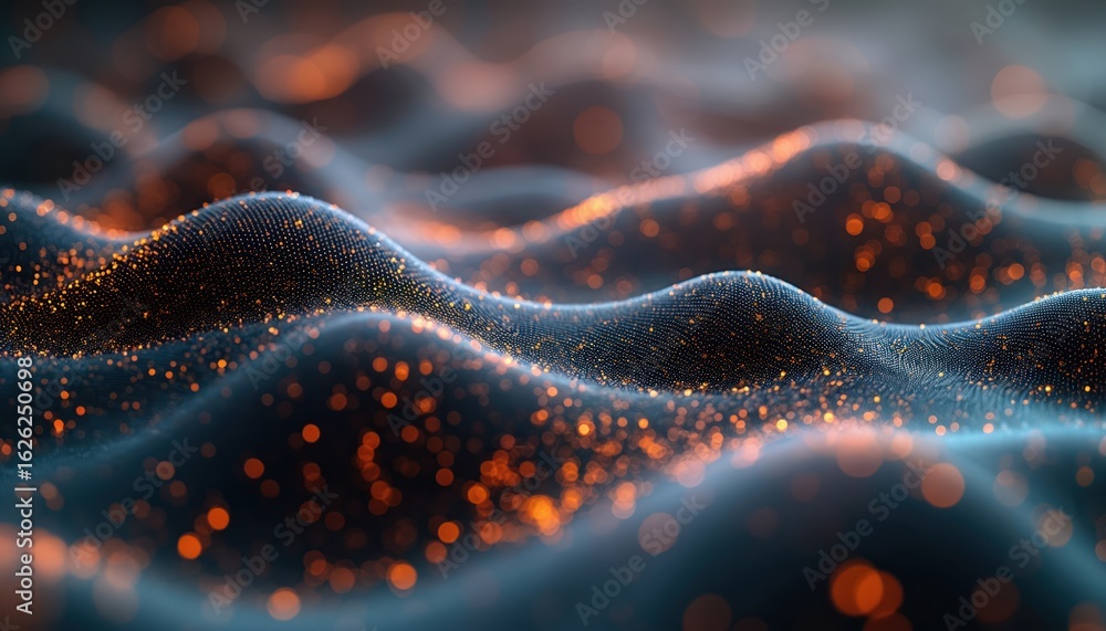 Poster abstract digital network shows glowing orange points on dark blue wavy surface. mesh structure with 