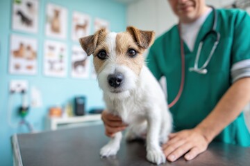 A man in a green lab coat is examining a dog. The dog is wearing a collar