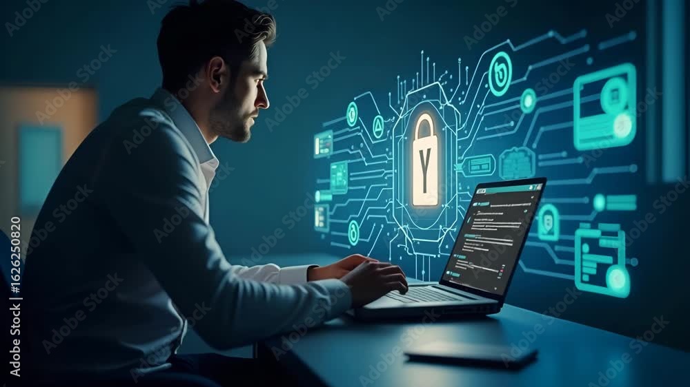 Poster enhance financial security with kyc: businessman using laptop for identity verification and biometri