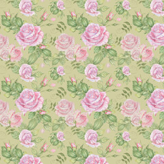 Seamless pattern with watercolor roses on a light green background, ornament for fabric, wallpaper, background. 