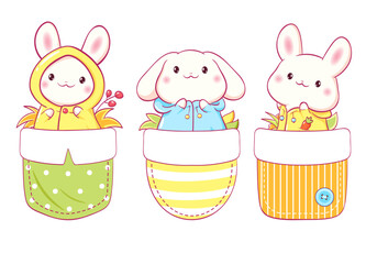 Hello autumn. Little bunny in raincoat in pocket. Baby collection of cute pets in slicker in pockets. Set of vector childish print with rabbits. Can be used for t-shirt, stickers, greeting card design
