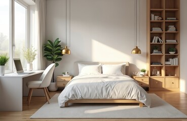 Modern bedroom with white bed and window desk setup. Features Scandinavian design, natural light, wooden bookshelf, green plants, and comfortable bedding. This serene space blends work and relaxation.