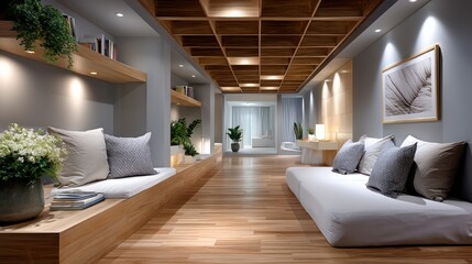 Naklejka premium Tranquil, modern spa hallway with seating areas