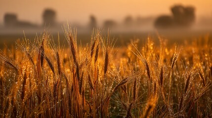 Obraz premium Golden Wheat Field at Sunrise with Dew Drops