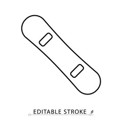 A snowboard icon in minimalist style with editable stroke. Winter sport equipment, mountain gear, snow ride object, extreme sport element, alpine activity, freestyle board, outline design, flat shape.