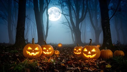 Jack O lanterns in the misty woods with graveyards and full moon background