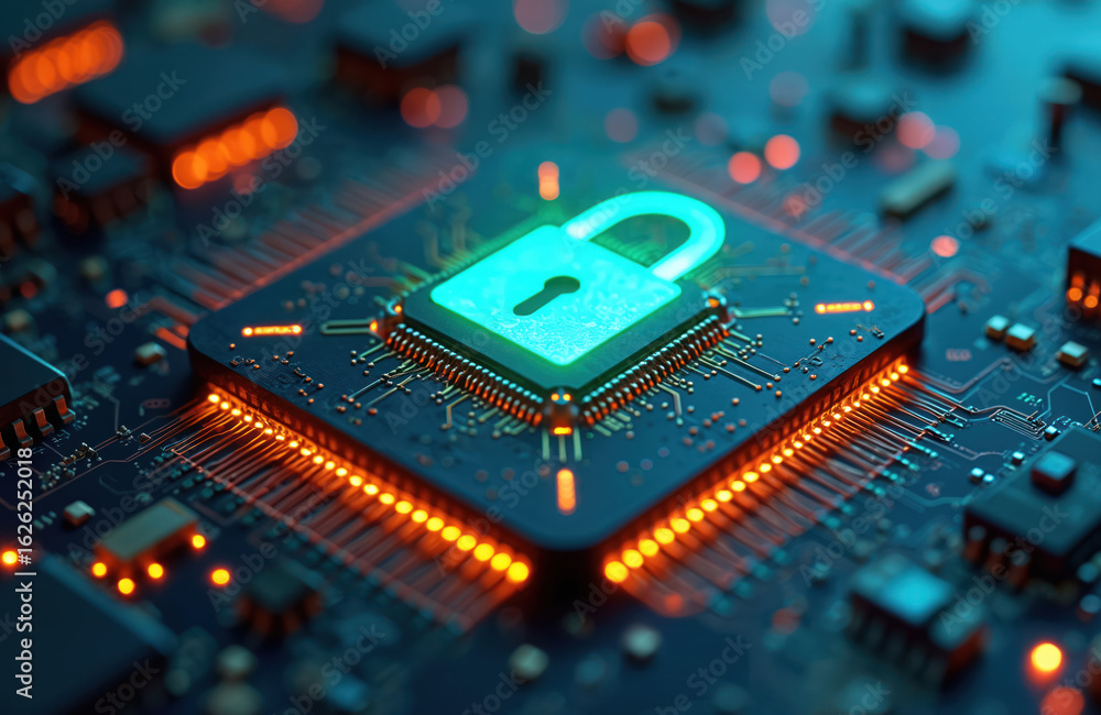 Poster glowing cyan lock symbol on computer chip represents cybersecurity, data protection. circuit board s