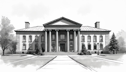 Classical university building sketch features large windows, columns. Black-and-white illustration shows architectural design with vignetting on urban street. Facades, exterior details are visible.