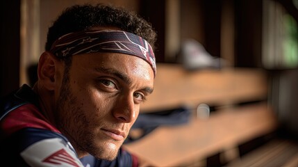 Rugby player wearing headband resting in locker room
