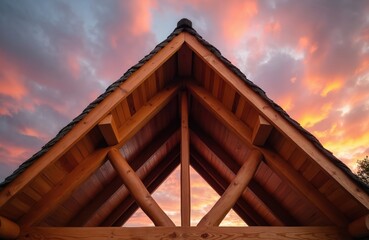 Obraz premium Wooden roof peak framing vibrant sunset sky with orange and pink clouds. Exposed timber beams showcase intricate construction details, creating warm, inviting architectural element against twilight.