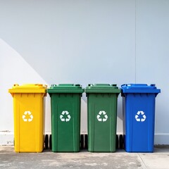 Three colorful trash bins, each a different size, are neatly lined up against a textured brick wall, showcasing vibrant hues of blue, green, and yellow.