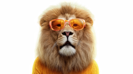 Cool lion character with stylish sunglasses and yellow sweater looking forward intensely on transparent background silhouette
